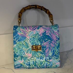 Lilly Pulitzer Blue and Pink Mini Bag with Bamboo Handle